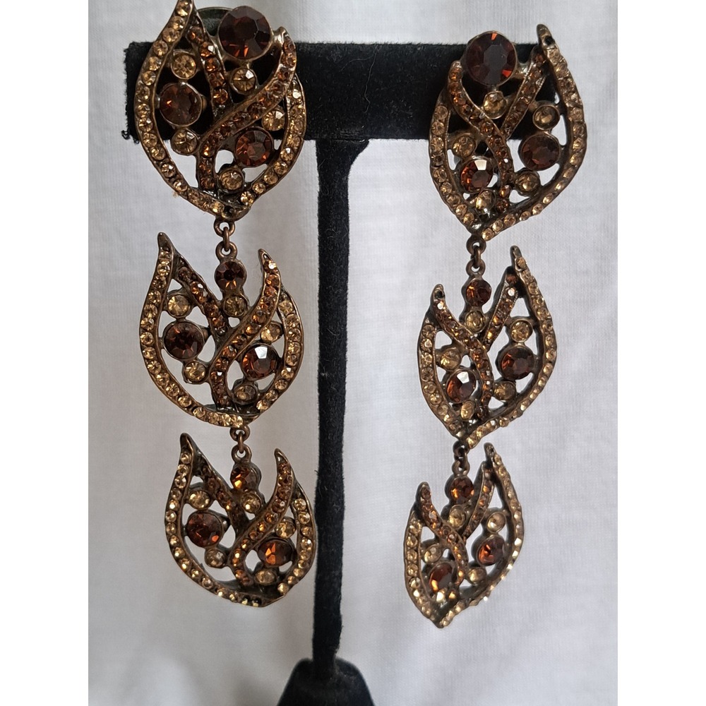 Vintage Bronze Tone Amber Rhinestone Triple Tier Leaf Clip On Dangle Earrings